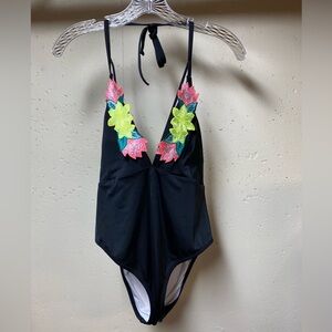 PINK Victorias Secret Black Strappy Plunge Appliqué Floral One Piece Swim Large